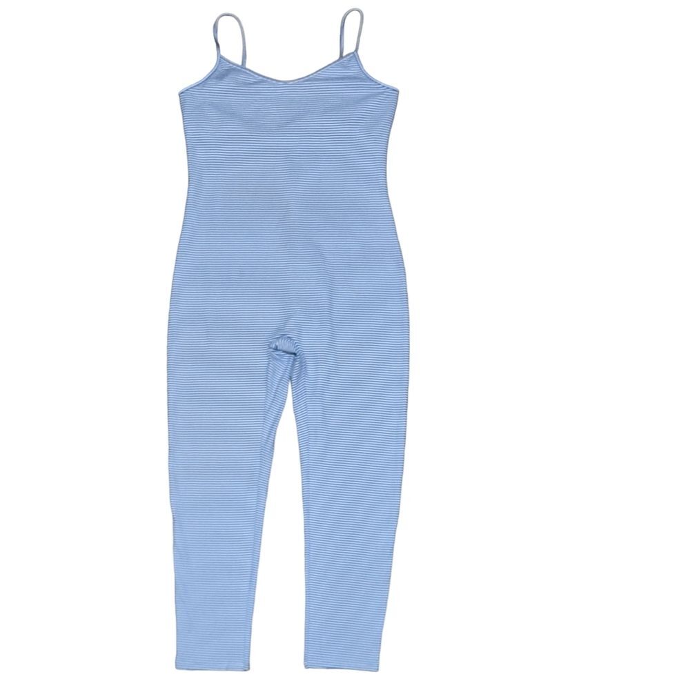 J. Crew blue white striped stretch jumpsuit catsuit summer coverup beach XL